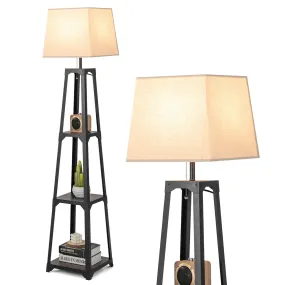 Tangkula Shelf Floor Lamp, 3 Tier Display Floor Lamp with Storage Shelves and Linen Lampshade