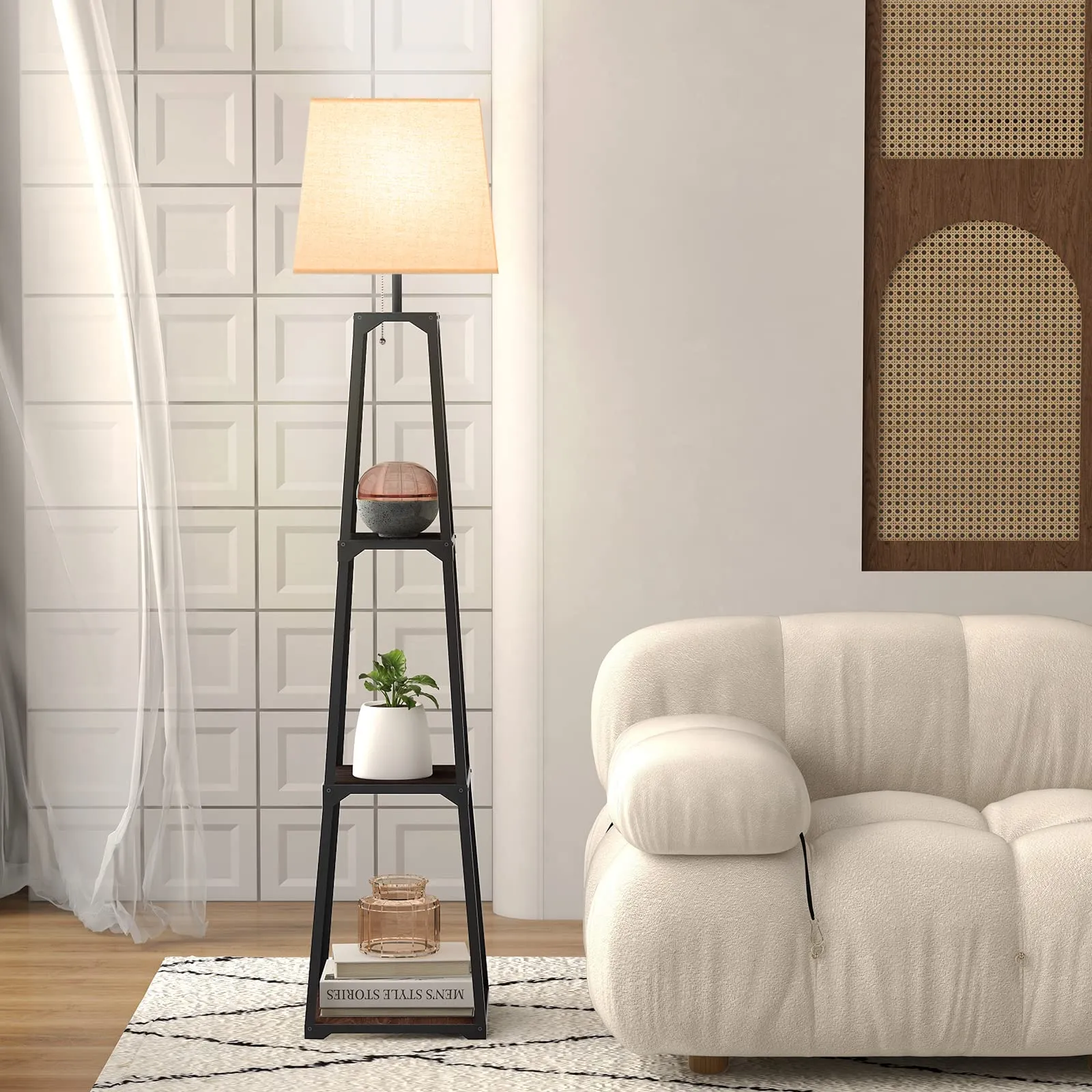 Tangkula Shelf Floor Lamp, 3 Tier Display Floor Lamp with Storage Shelves and Linen Lampshade