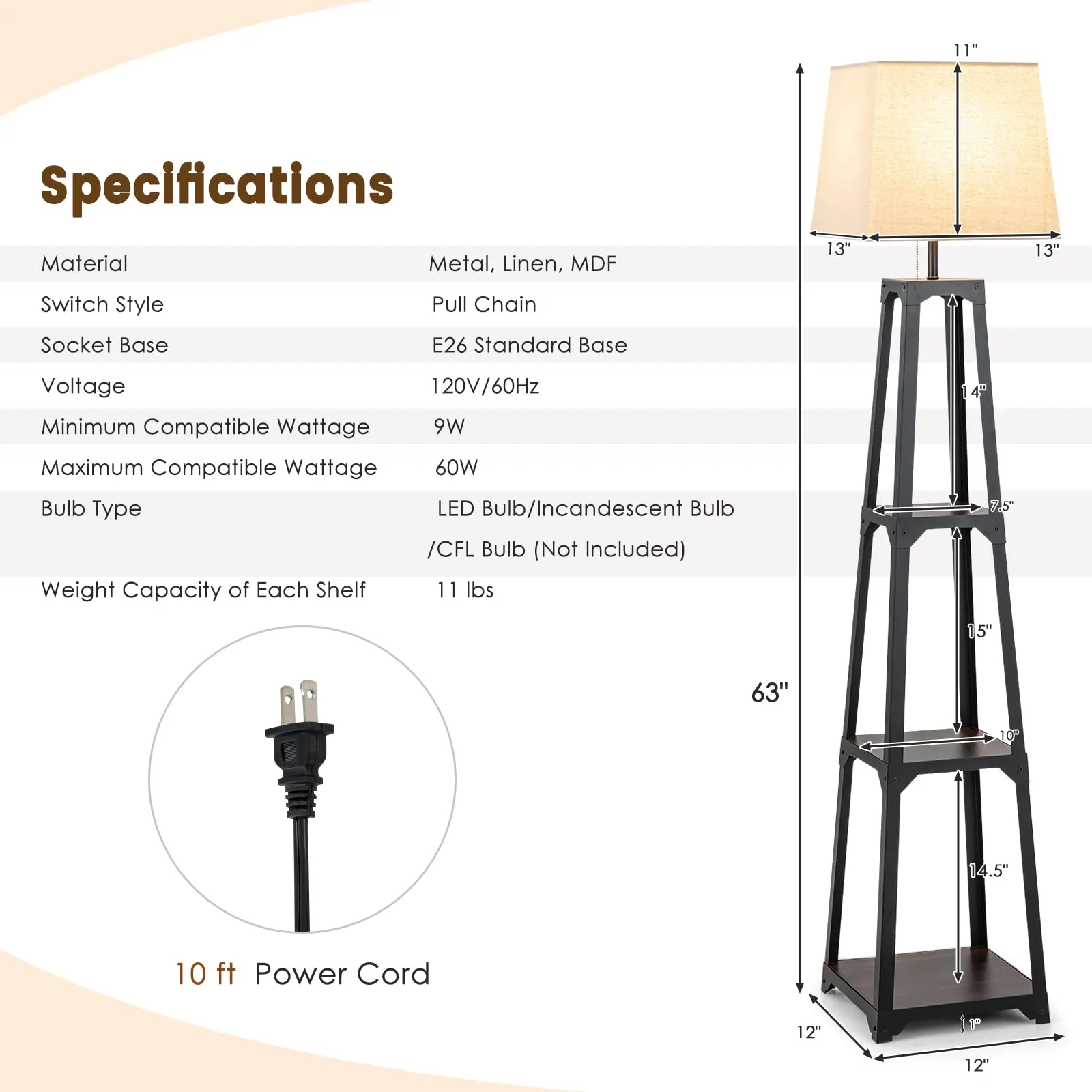 Tangkula Shelf Floor Lamp, 3 Tier Display Floor Lamp with Storage Shelves and Linen Lampshade