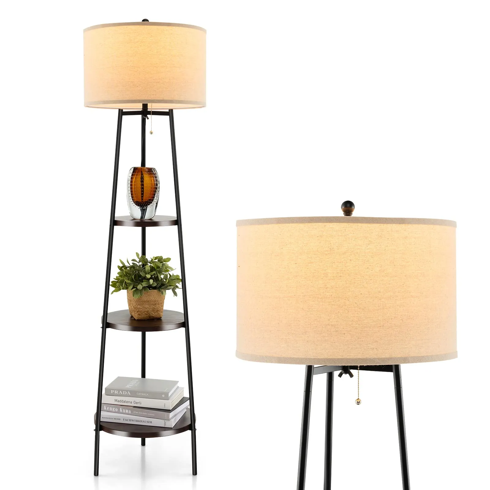 Tangkula Shelf Floor Lamp, 3 Tier Display Floor Lamp with Storage Shelves and Linen Lampshade