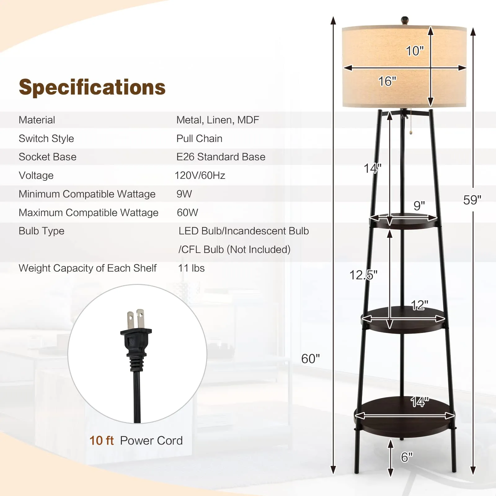 Tangkula Shelf Floor Lamp, 3 Tier Display Floor Lamp with Storage Shelves and Linen Lampshade