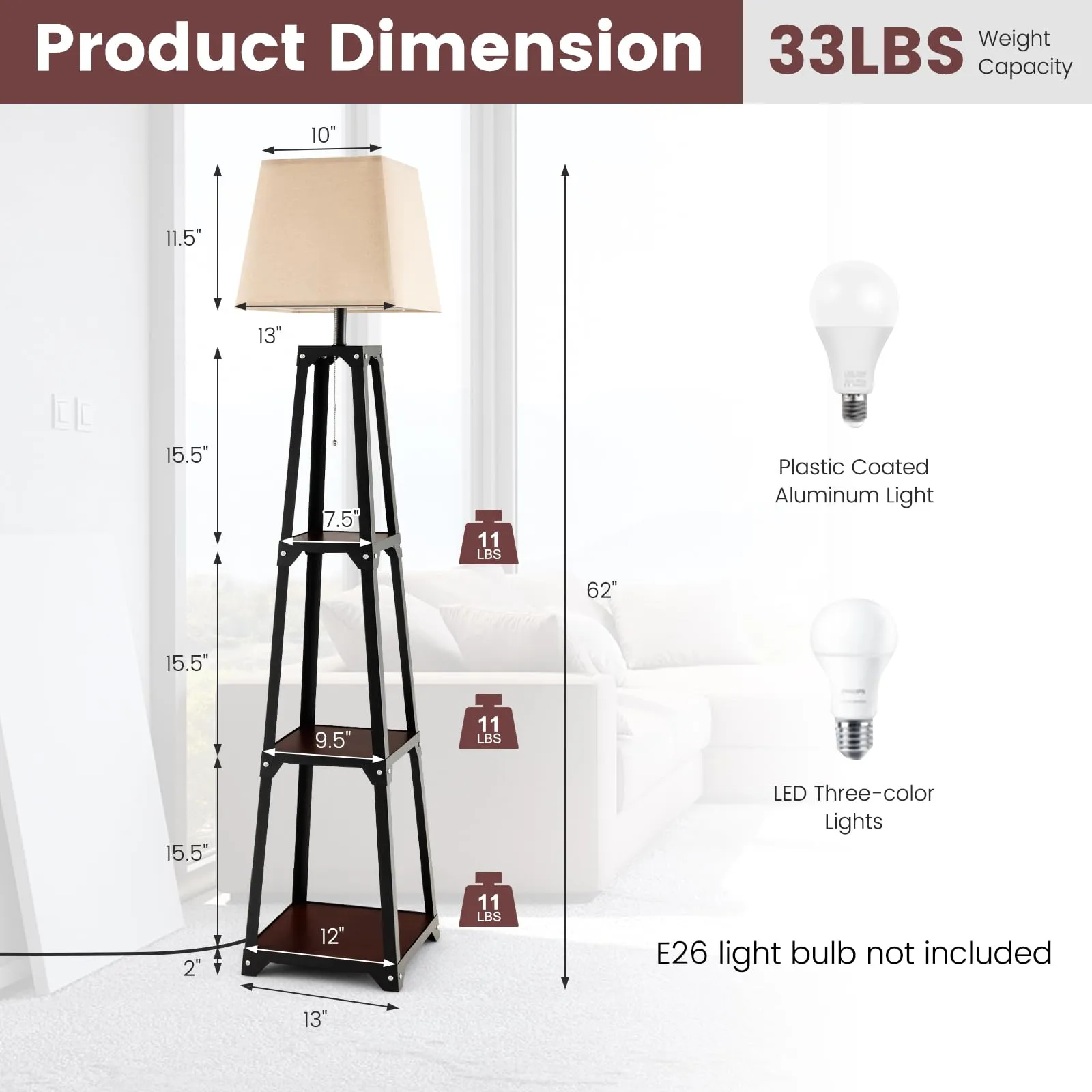 Tangkula Shelf Floor Lamp, Modern Wood Square Standing Lamp with 3 Tiers Shelves and Linen Shade