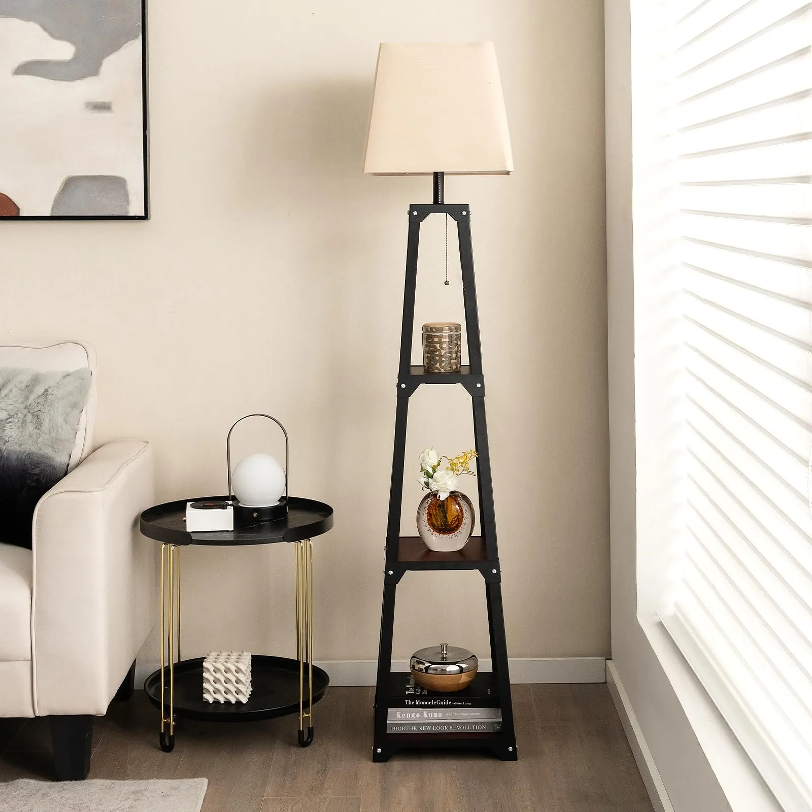 Tangkula Shelf Floor Lamp, Modern Wood Square Standing Lamp with 3 Tiers Shelves and Linen Shade