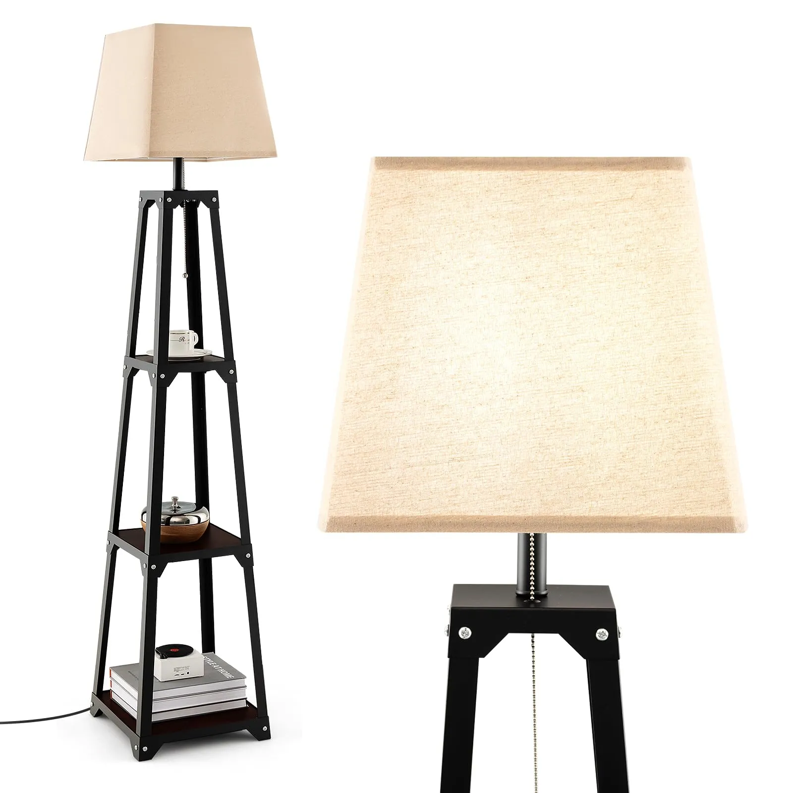 Tangkula Shelf Floor Lamp, Modern Wood Square Standing Lamp with 3 Tiers Shelves and Linen Shade