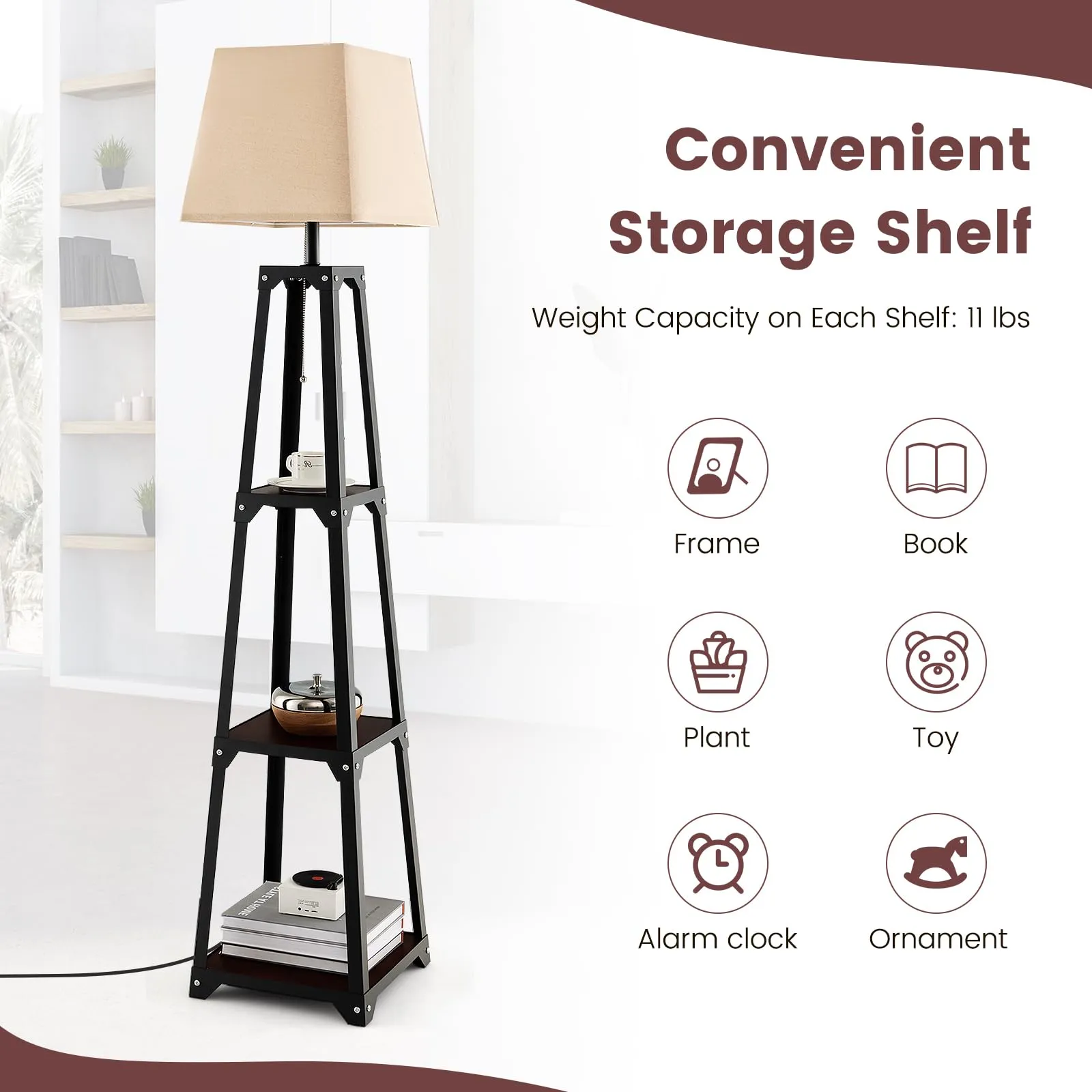 Tangkula Shelf Floor Lamp, Modern Wood Square Standing Lamp with 3 Tiers Shelves and Linen Shade