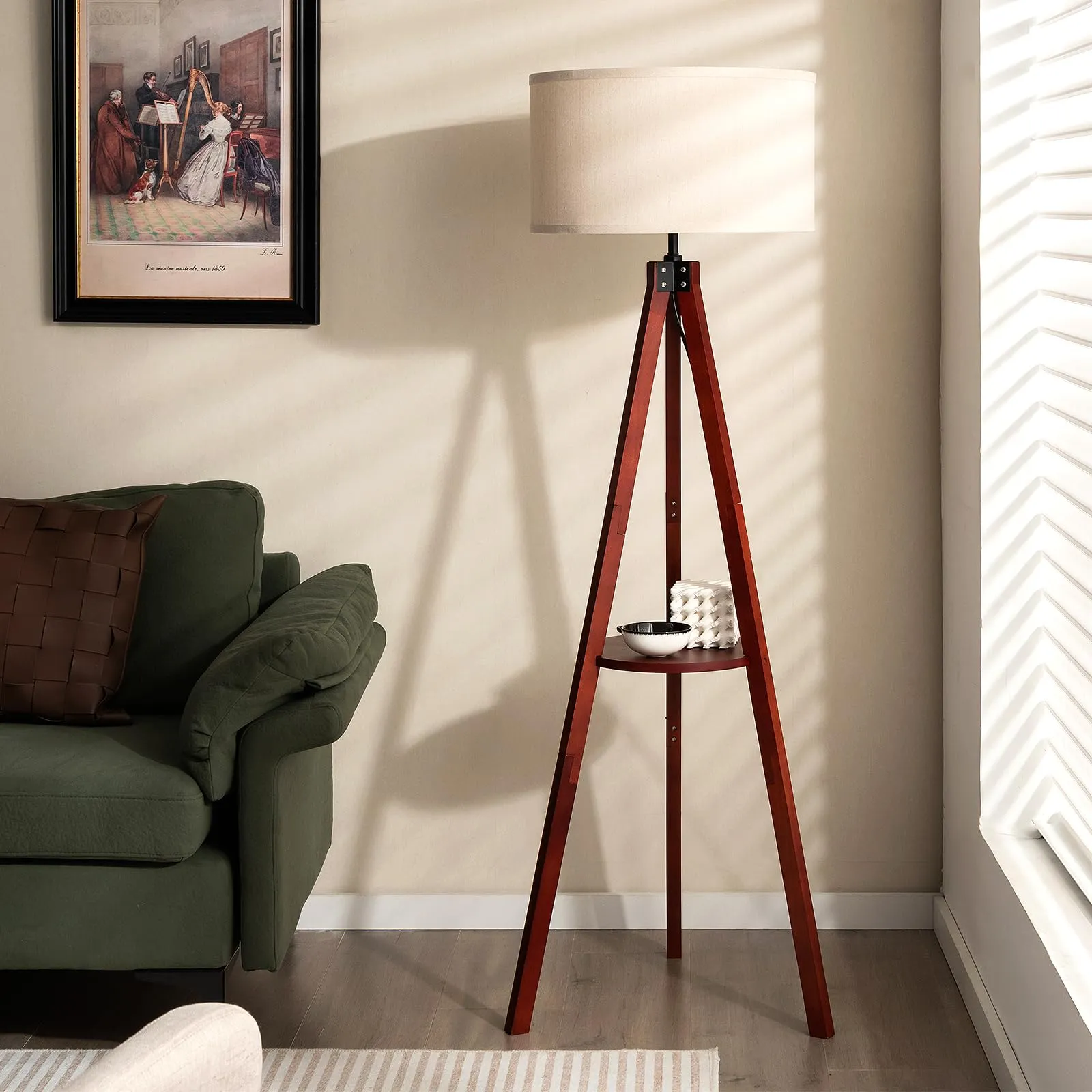 Tangkula Tripod Floor Lamp, Mid Century Wood Standing Lamp with Storage Shelves