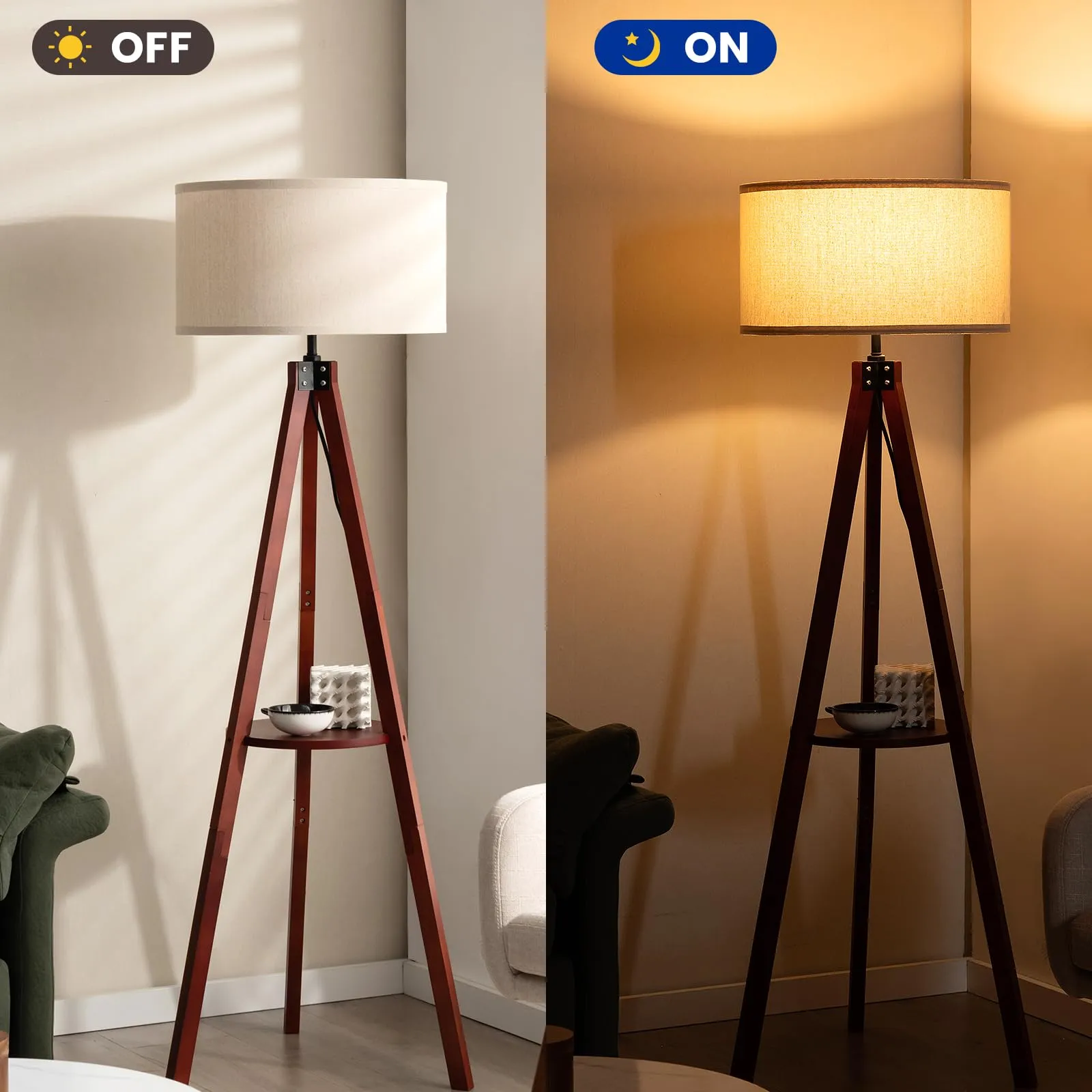 Tangkula Tripod Floor Lamp, Mid Century Wood Standing Lamp with Storage Shelves