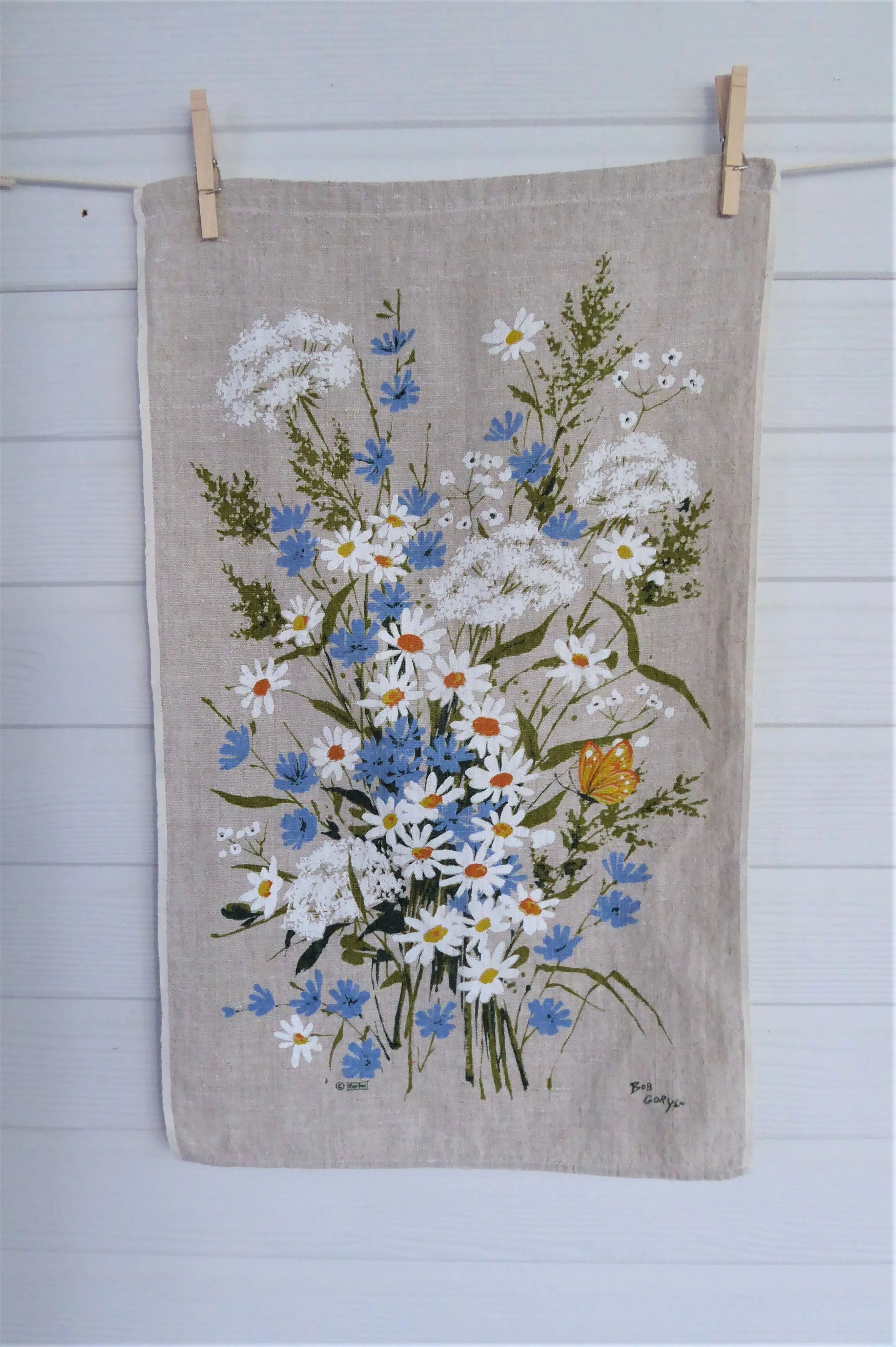 Tea Towel Wildflowers Kay Dee Designs 1970s Natural Linen Artist Signed