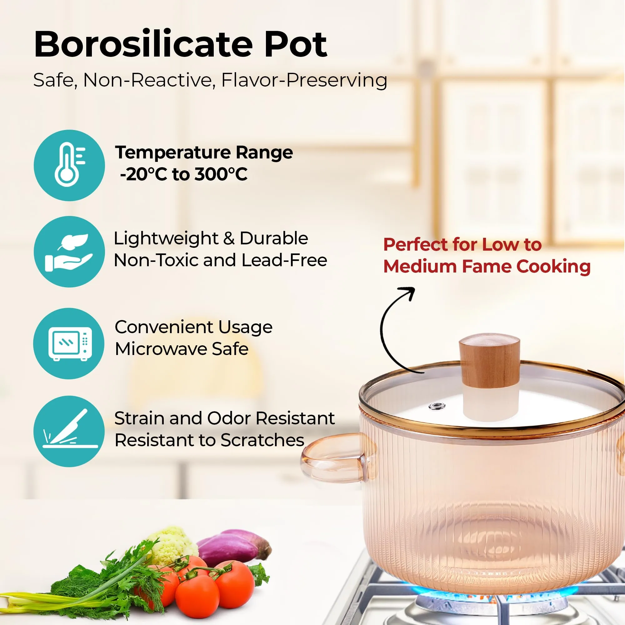 The Better Home zeno Borosilicate Glass Cookware for Gas Stove (1.45L) Tope with Lid & Handle | Handi Casserole | Small Milk/Tea Pan | Boiling Pan | Patila for Cooking | Housewarming Gifts (Amber)