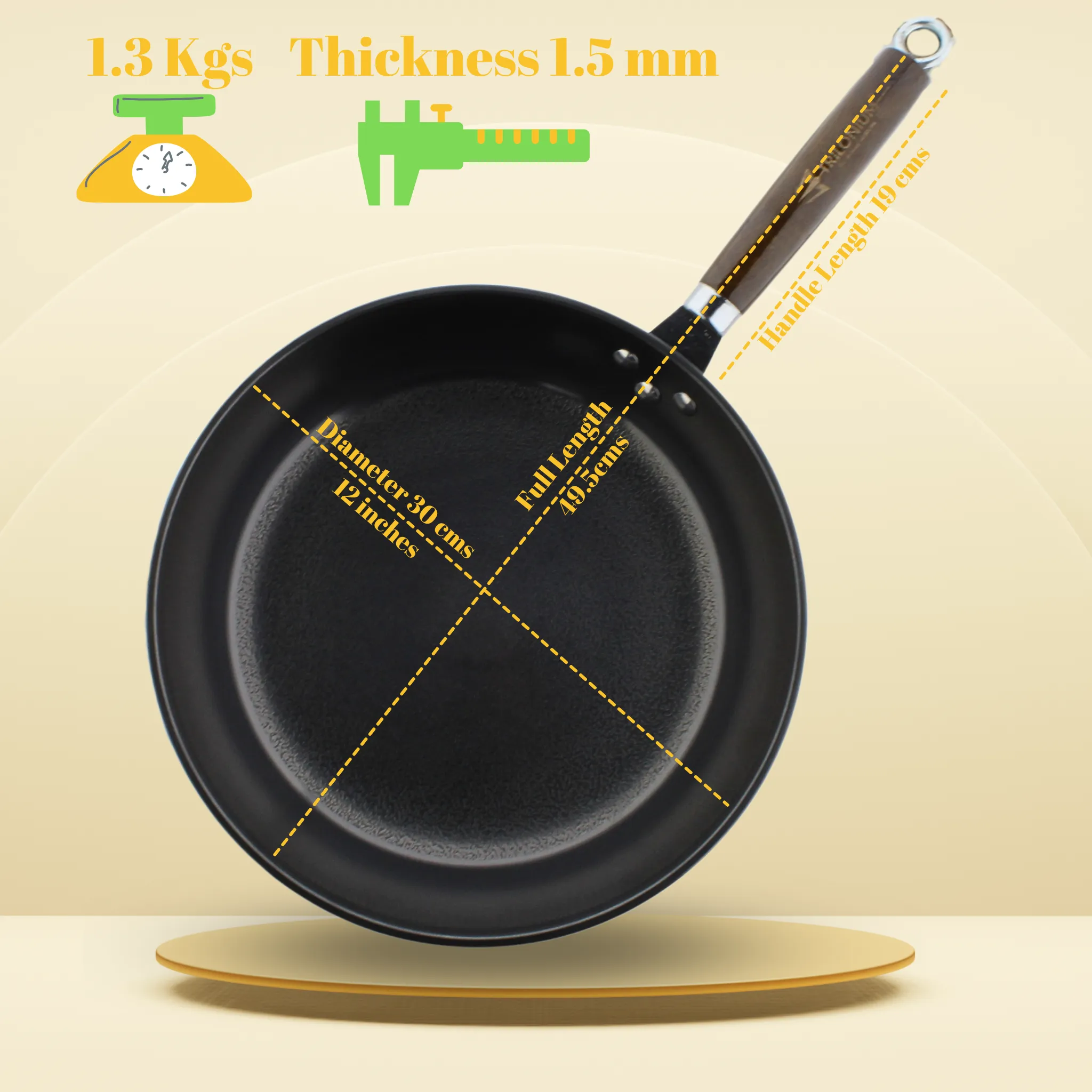 Trilonium Pre-Seasoned Carbon Steel Skillet Fry Pan 30 cms, Weighs 1.3 Kgs