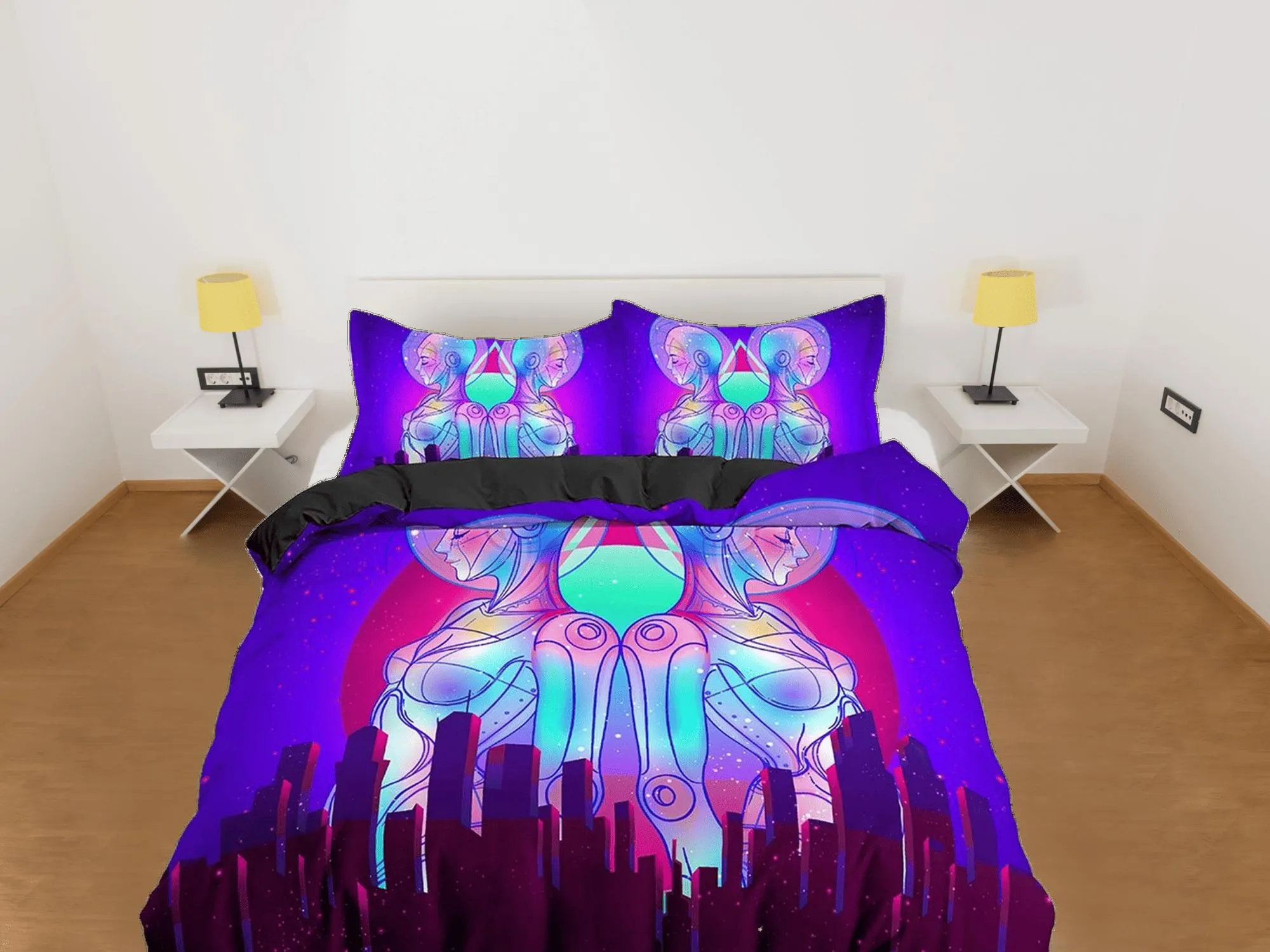 Trippy Art Skyscraper City Buildings Purple Bedding, Cool Hippie Psychedelic Duvet Cover Set, Vaporwave Unisex Bed Cover, 90s Neon Lights