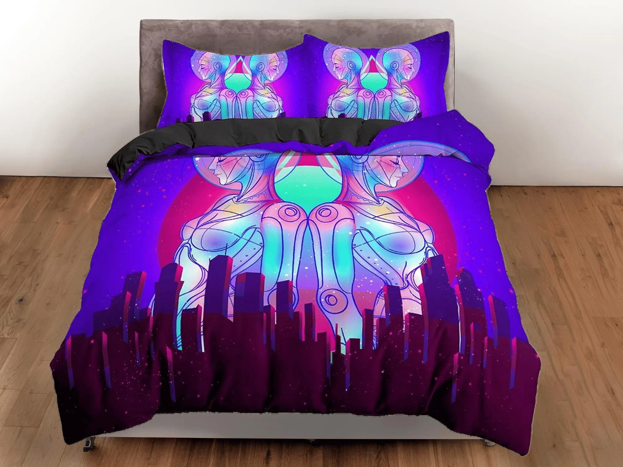 Trippy Art Skyscraper City Buildings Purple Bedding, Cool Hippie Psychedelic Duvet Cover Set, Vaporwave Unisex Bed Cover, 90s Neon Lights