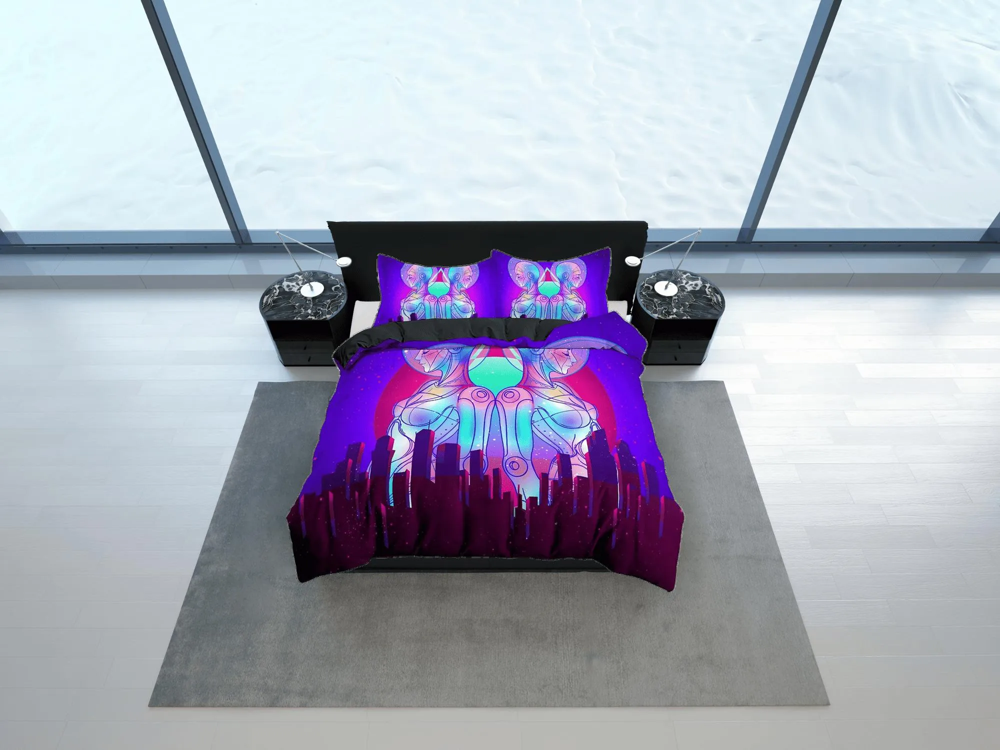 Trippy Art Skyscraper City Buildings Purple Bedding, Cool Hippie Psychedelic Duvet Cover Set, Vaporwave Unisex Bed Cover, 90s Neon Lights