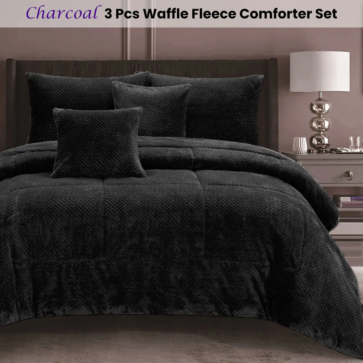 Waffle Fleece Charcoal 3 Pcs Comforter Set Queen