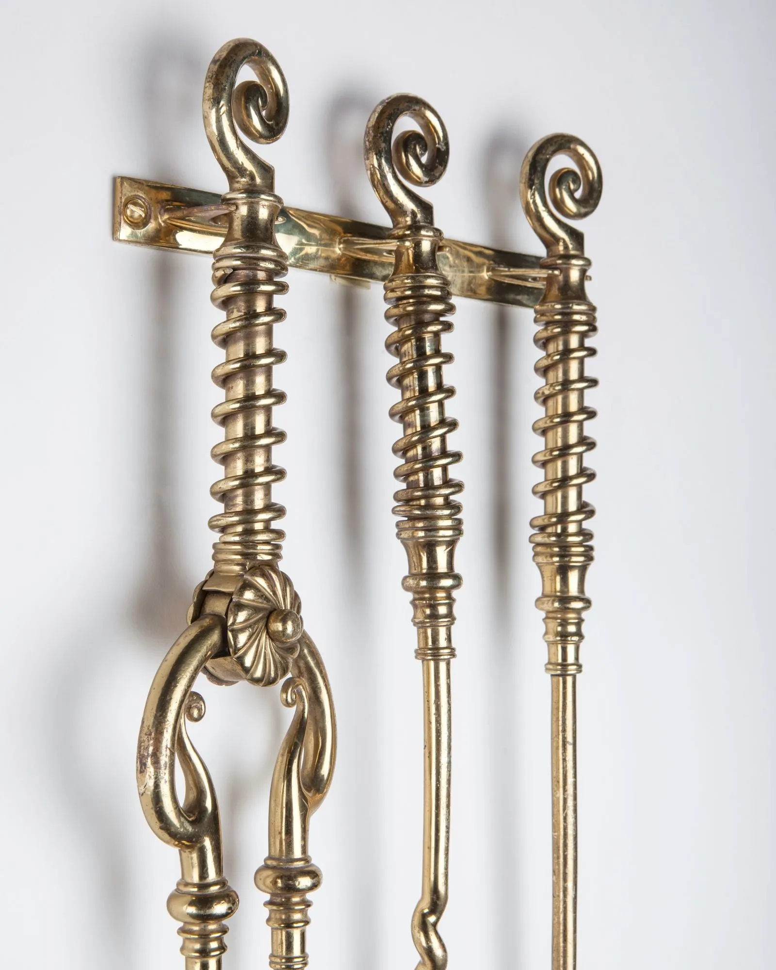 Wall Mounted Brass Fireplace Tools with Twisted Details