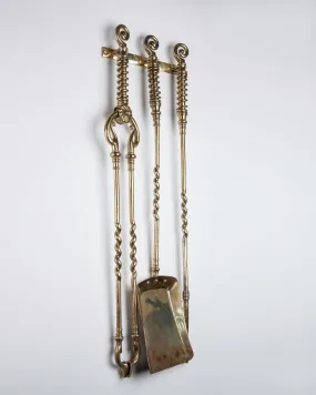 Wall Mounted Brass Fireplace Tools with Twisted Details