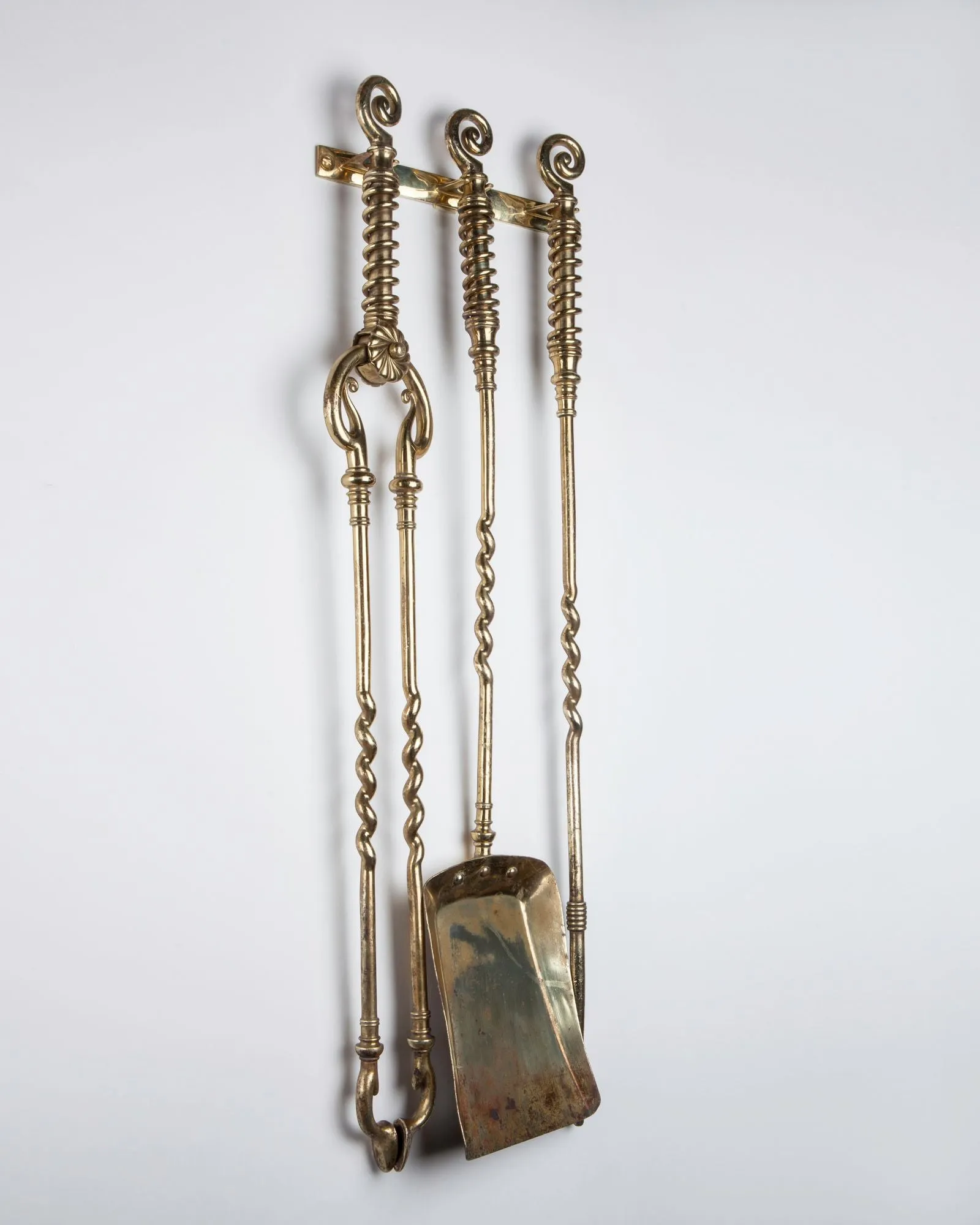 Wall Mounted Brass Fireplace Tools with Twisted Details