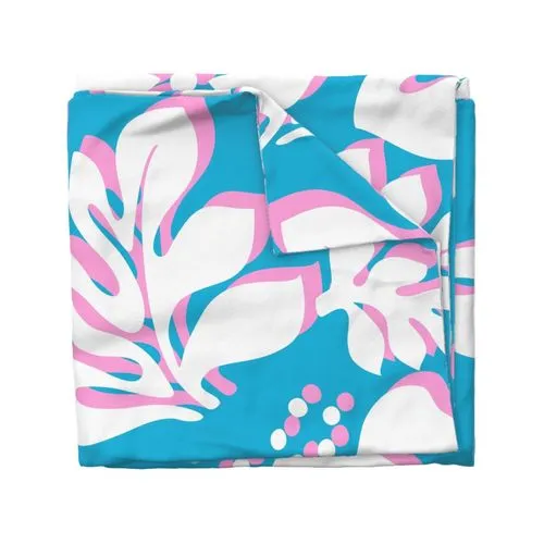 White and Soft Pink Hawaiian Hibiscus Flowers on Aqua Blue Duvet Cover -Large Scale