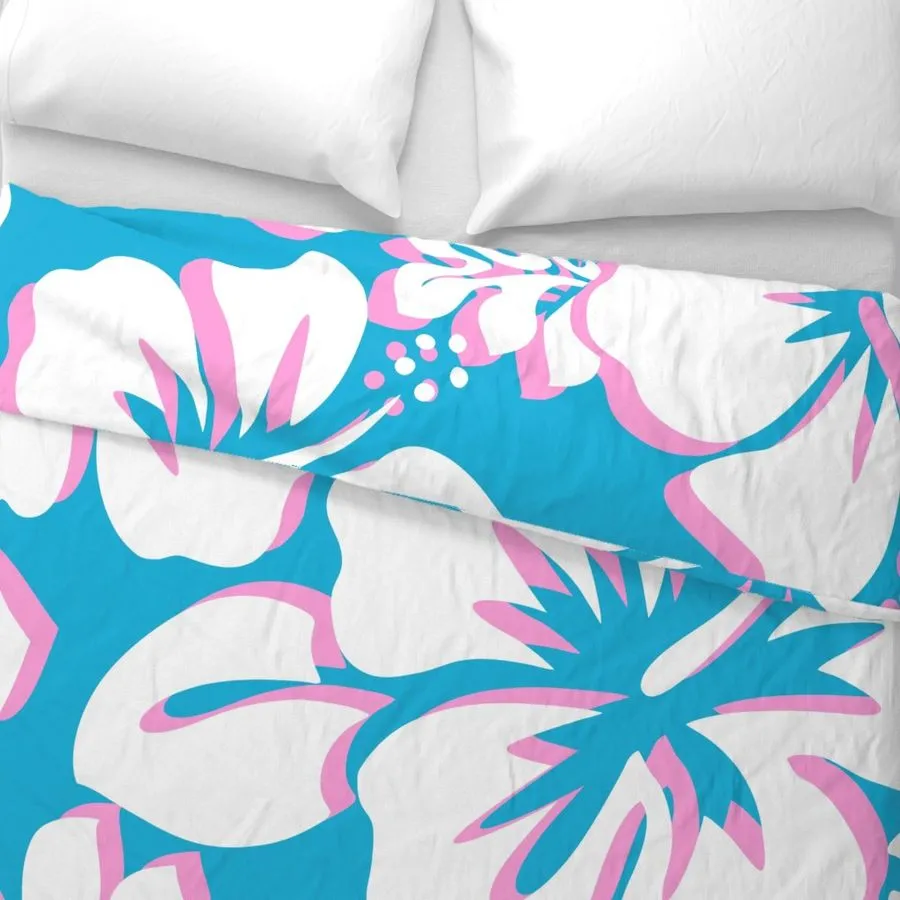 White and Soft Pink Hawaiian Hibiscus Flowers on Aqua Blue Duvet Cover -Large Scale