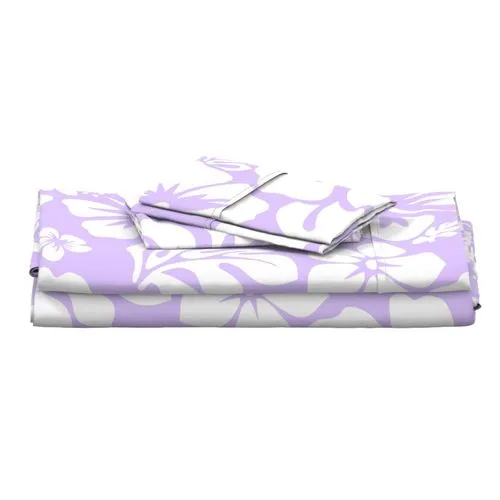 White Hawaiian Flowers on Lavender Sheet Set from Surfer Bedding™️ Medium Scale