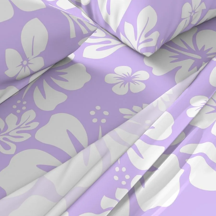 White Hawaiian Flowers on Lavender Sheet Set from Surfer Bedding™️ Medium Scale