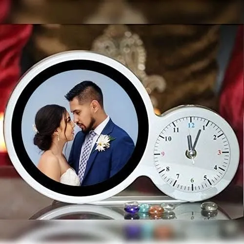 White Magic Mirror Photo Frame with Clock Round Frames and Clocks for Bedroom Decor and Gifts,Table top.