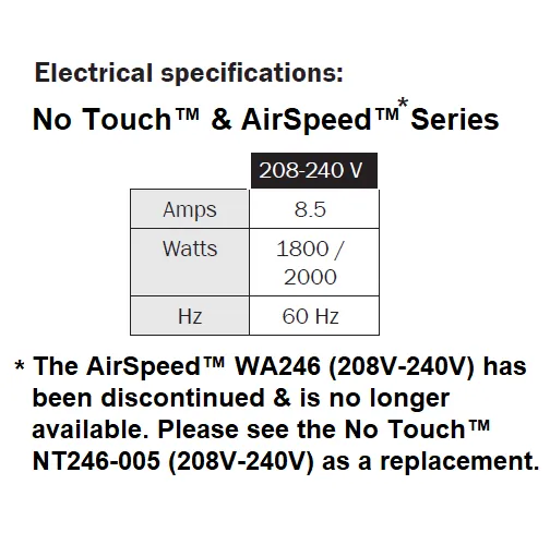 WORLD DRYER® WA246-002 (208V-240V) AirSpeed™ Hand Dryer **DISCONTINUED** No Longer Available - Please see AD90-M as Replacement