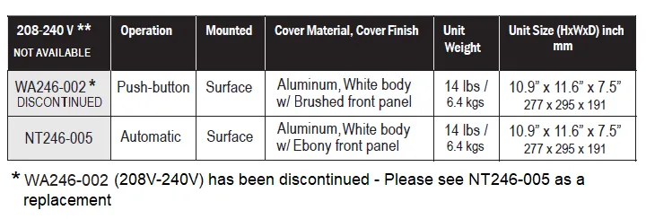 WORLD DRYER® WA246-002 (208V-240V) AirSpeed™ Hand Dryer **DISCONTINUED** No Longer Available - Please see AD90-M as Replacement